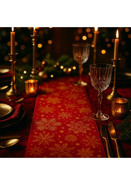Kırmızı Gold Yılbaşı Masa Runner’ı – Kar Tanesi Desenli Şönil Dokulu 40X140 cm