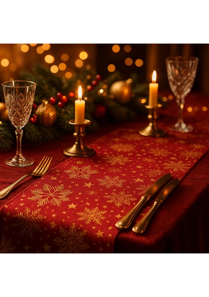 Kırmızı Gold Yılbaşı Masa Runner’ı – Kar Tanesi Desenli Şönil Dokulu 40X140 cm modelleri