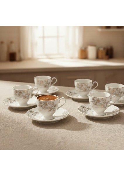 Vio Vintage Yaldızlı Çiçekli Model 6 Kişilik Porselen Krem Kahve Fincan Takımı – 100 Ml.