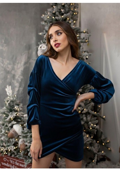 Kadife Kumaş Kruvaze Düşük Yaka Uzun Balon Kollu Mini Elbise 581920PETROL