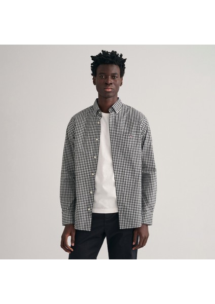 Erkek Siyah Regular Fit Düğmeli Yaka Kareli Gömlek