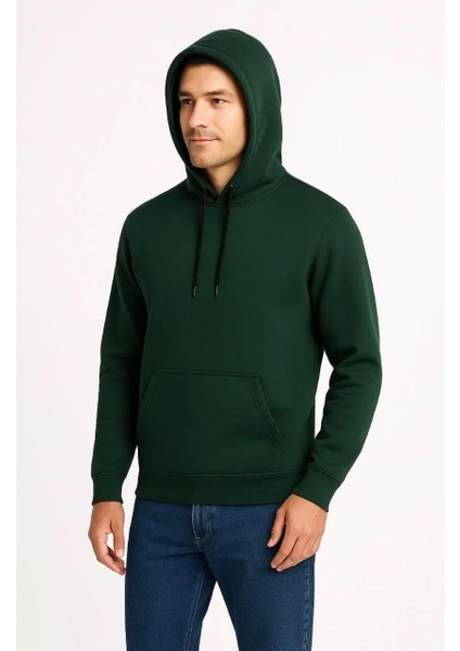 Erkek Üç Iplik Kapüşonlu Kanguru Cepli Sweatshirt Hoodie - Haki modelleri