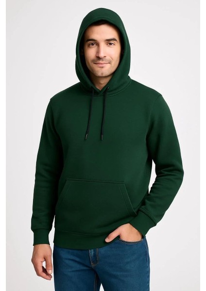 Erkek Üç Iplik Kapüşonlu Kanguru Cepli Sweatshirt Hoodie - Haki