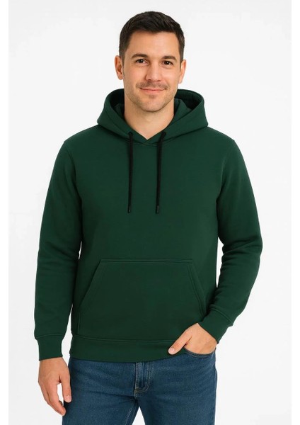 Erkek Üç Iplik Kapüşonlu Kanguru Cepli Sweatshirt Hoodie - Haki