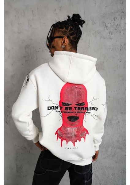 Erkek Oversize Üç Iplik Kapüşonlu Sweatshirt – “don’t Be Terrified” Ön, Sırt ve Kol Baskılı, Kanguru Cepli, Ribanalı Rahat Model - Beyaz