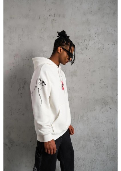 Erkek Oversize Üç Iplik Kapüşonlu Sweatshirt – “don’t Be Terrified” Ön, Sırt ve Kol Baskılı, Kanguru Cepli, Ribanalı Rahat Model - Beyaz fiyatları