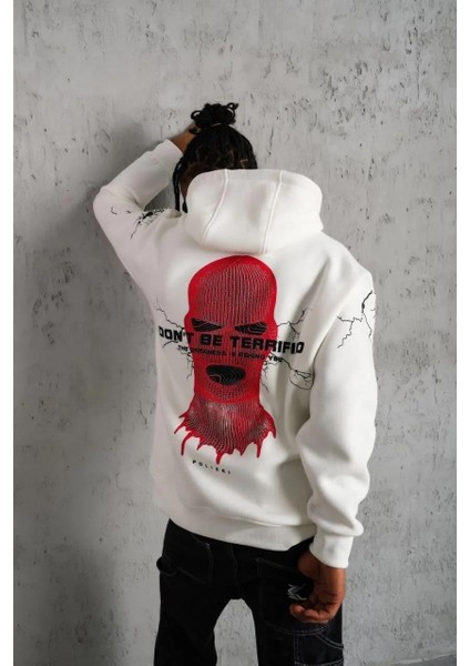 Erkek Oversize Üç Iplik Kapüşonlu Sweatshirt – “don’t Be Terrified” Ön, Sırt ve Kol Baskılı, Kanguru Cepli, Ribanalı Rahat Model - Beyaz fırsatları