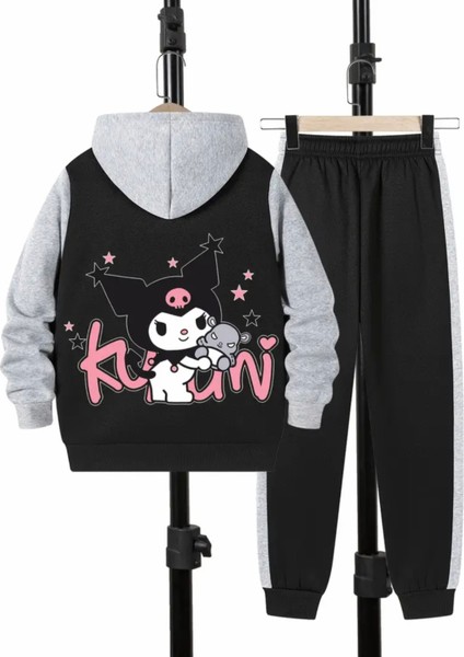 Punıx Kıds Özel Üretim Kapüşonlu Kurominin Oyuncağı Baskılı Trend Çift Renk Kışlık Kız Çocuk Eşofman Takımı