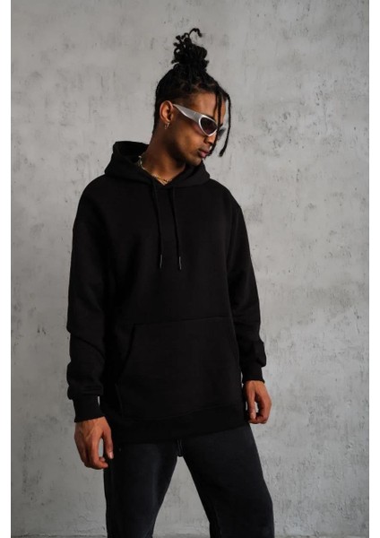 Erkek Düz Kapüşonlu Sweat - Siyah fırsatları