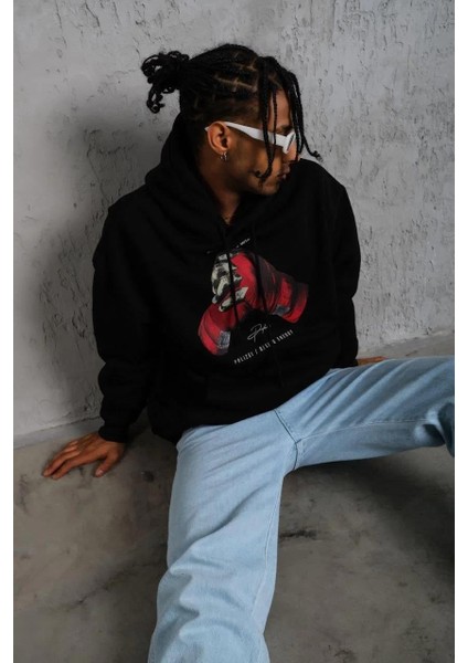 Erkek Eldiven Baskılı Kapüşonlu Sweat - Siyah modelleri