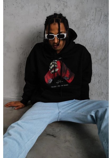 Erkek Eldiven Baskılı Kapüşonlu Sweat - Siyah fırsatları