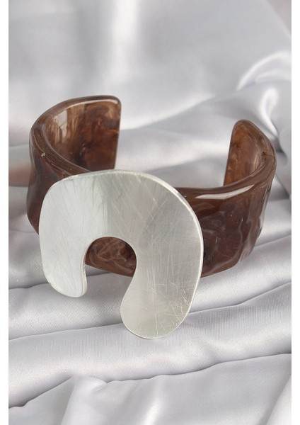 Kahverengi Mermer Desen Akrilik Plastik Gümüş Plaka Model Vintage Kadın Bilezik fiyatları