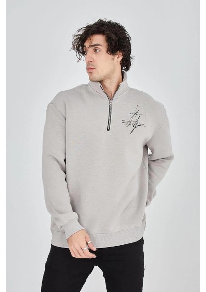 Erkek Yarım Fermuarlı Baskılı Sweat - Boyalı Gri fırsatları