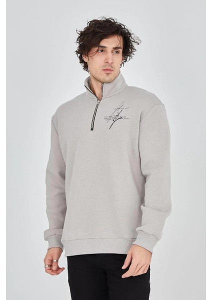 Erkek Yarım Fermuarlı Baskılı Sweat - Boyalı Gri indirimleri