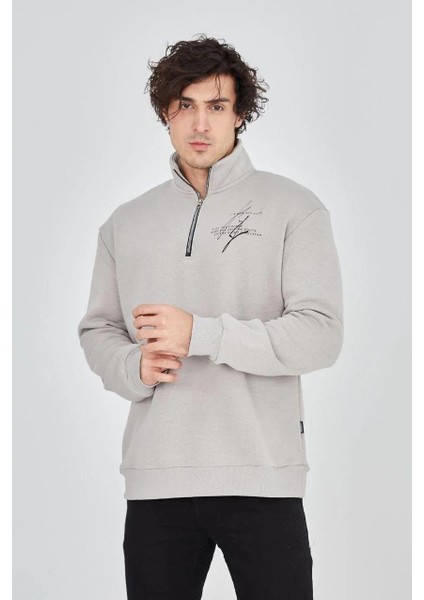Erkek Yarım Fermuarlı Baskılı Sweat - Boyalı Gri