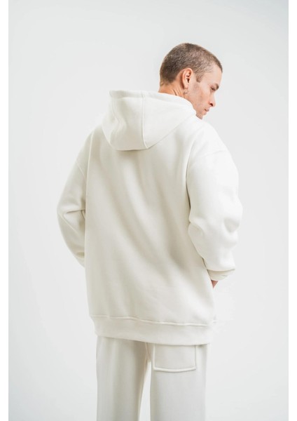Unisex Double Oversize Kapşonlu Basic Sweatshirt - Beyaz fiyatları
