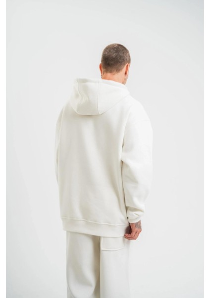 Unisex Double Oversize Kapşonlu Basic Sweatshirt - Beyaz modelleri