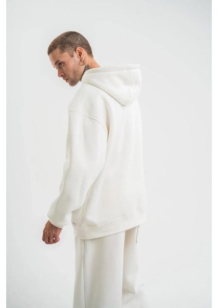 Unisex Double Oversize Kapşonlu Basic Sweatshirt - Beyaz fırsatları