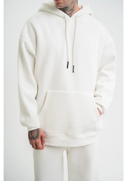 Unisex Double Oversize Kapşonlu Basic Sweatshirt - Beyaz indirimleri
