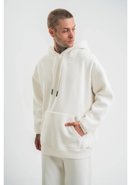Unisex Double Oversize Kapşonlu Basic Sweatshirt - Beyaz