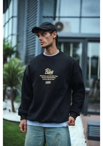 Kışlık Bisiklet Yaka Ön ve Arka Baskılı Sweatshirt - Siyah fiyatları