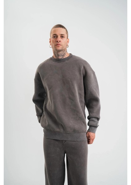 Unisex Uzun Kol Bisiklet Yaka Yıkamalı Sweatshirt - Füme