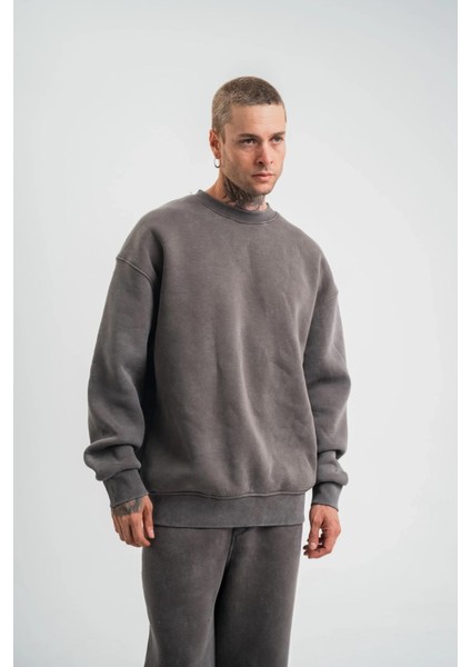 Unisex Uzun Kol Bisiklet Yaka Yıkamalı Sweatshirt - Füme modelleri