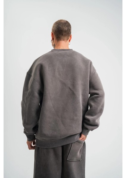 Unisex Uzun Kol Bisiklet Yaka Yıkamalı Sweatshirt - Füme indirimleri