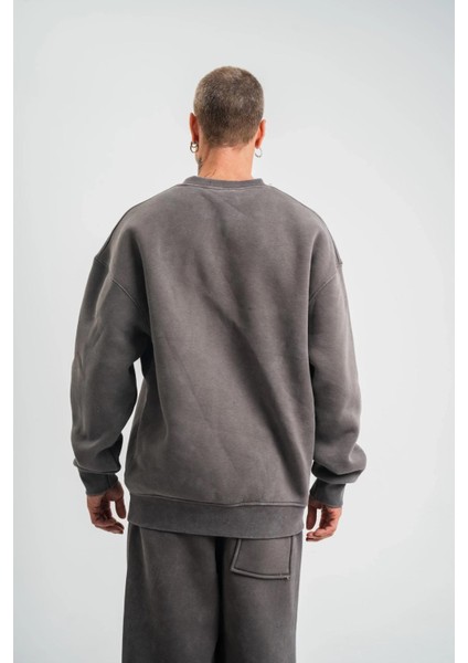 Unisex Uzun Kol Bisiklet Yaka Yıkamalı Sweatshirt - Füme