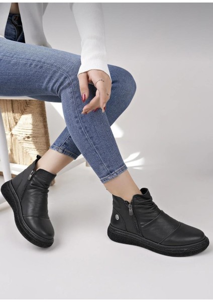 D25KB-1005 Siyah Hakiki Deri Tam Ortopedik Günlük Kadın Bot