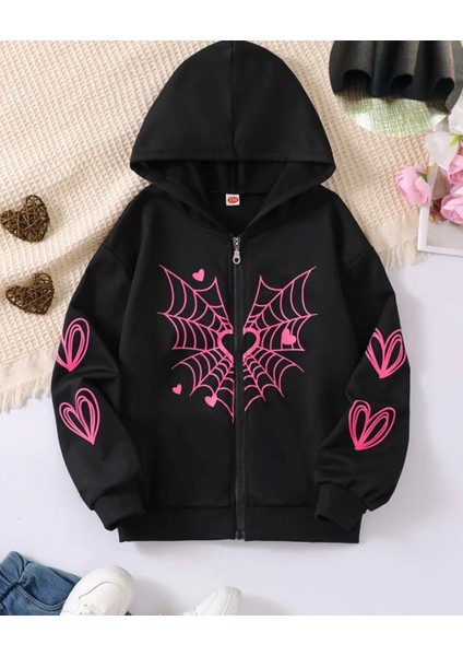 Punıx Kıds Özel Üretim Kapüşonlu Fermuarlı Çift Kalp Örümcek Ağı Baskılı %100 Pamuk Kız Çocuk Sweatshırt