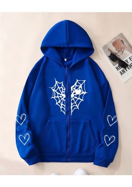 Punıx Kıds Özel Üretim Kapüşonlu Fermuarlı Çift Kalp Örümcek Ağı Baskılı %100 Pamuk Kız Çocuk Sweatshırt