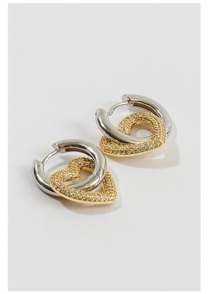 Kadın Peew Gümüş Taşlı Kalp Detaylı Çelik Küpe