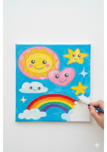 Okul Etkinliği 20X20 Resimli Tuval Çocuk Boyama Seti-Gökkuşağı_model-24 Resimli 3 Boya 1 Fırça