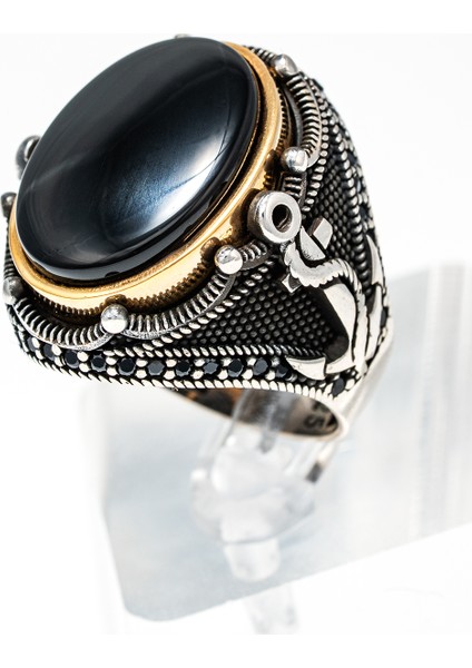 Özel Işlemeli Knca Desenli, Siyah Oniks Taşlı 925 Ayar Gümüş Erkek Yüzük – Şık Tarz modelleri