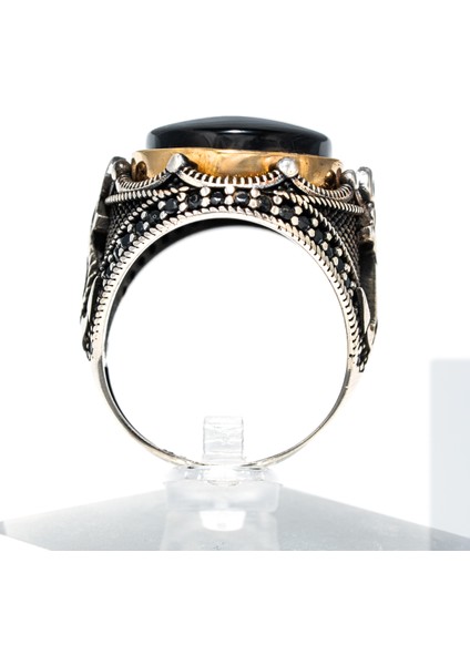 Özel Işlemeli Knca Desenli, Siyah Oniks Taşlı 925 Ayar Gümüş Erkek Yüzük – Şık Tarz fırsatları