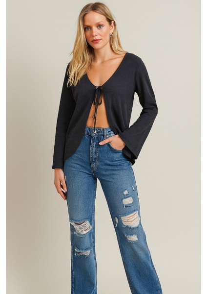 Kadın Antrasit Gri Tam Kalıp Ceket Önden Bağlamalı Ispanyol Kol Ceket