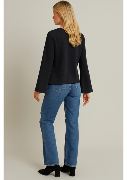 Kadın Antrasit Gri Tam Kalıp Ceket Önden Bağlamalı Ispanyol Kol Ceket modelleri