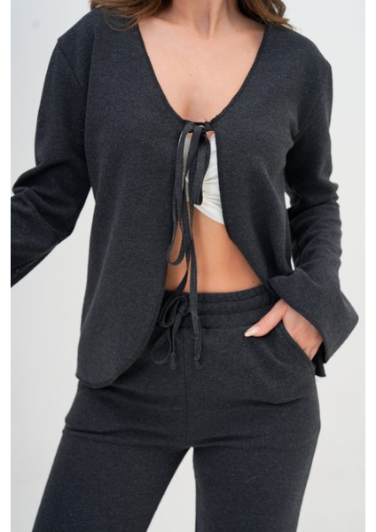 Kadın Antrasit Gri Tam Kalıp Ceket Önden Bağlamalı Ispanyol Kol Ceket fırsatları