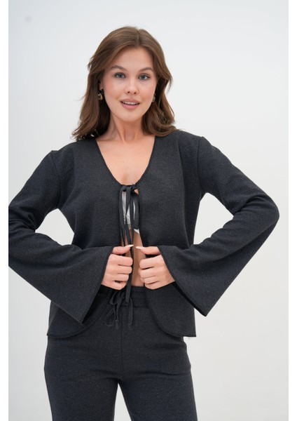 Kadın Antrasit Gri Tam Kalıp Ceket Önden Bağlamalı Ispanyol Kol Ceket indirimleri