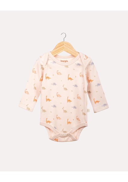 %100 Organik Pamuk Gots Sertifikalı Uzun Kollu Dinazor Desenli Bebek & Yenidoğan Body - Ekru