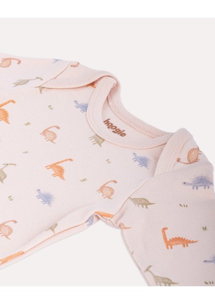 %100 Organik Pamuk Gots Sertifikalı Uzun Kollu Dinazor Desenli Bebek & Yenidoğan Body - Ekru