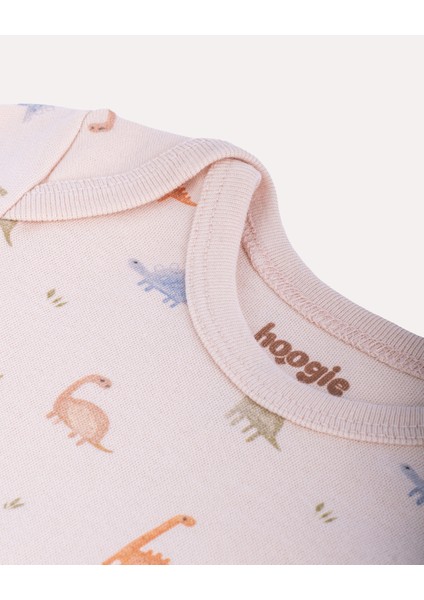 %100 Organik Pamuk Gots Sertifikalı Uzun Kollu Dinazor Desenli Bebek & Yenidoğan Body - Ekru