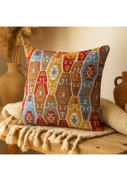 Etnik Desenli Kilim Dokulu Kırlent Kılıfı – Bohem Stil, Renkli