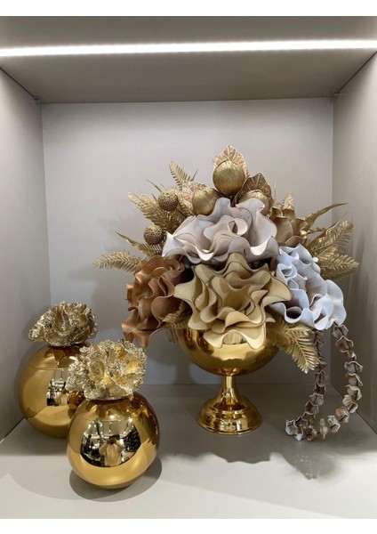 Yapay Çiçekli Gold Yuvarlak Vazo 3 Parça Set No:1