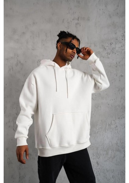 Erkek Düz Kapüşonlu Sweat - Beyaz