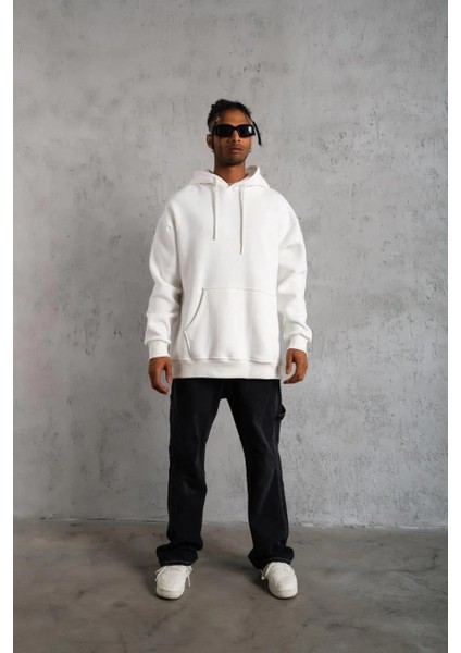 Erkek Düz Kapüşonlu Sweat - Beyaz fırsatları