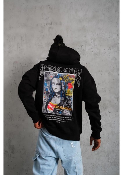 Erkek Baskılı Kapüşonlu ve Kanguru Cepli Sweat - Siyah