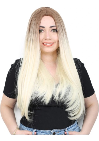 Fiber Sentetik Uzun Düz Peruk - Kumral / Platin Ombreli