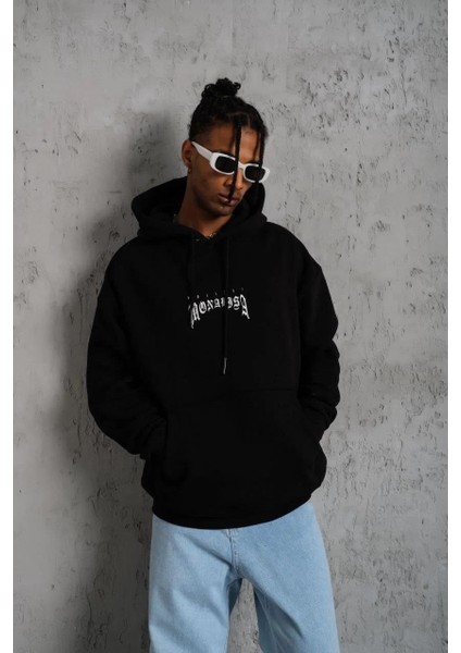 Erkek Baskılı Kapüşonlu ve Kanguru Cepli Sweat - Siyah fiyatları